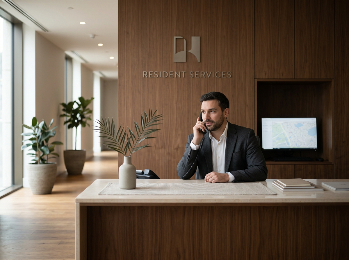 A man in a suit sits at a reception desk, talking on the phone in a modern office with large windows and potted plants, behind him is a wood-paneled wall with the words "Resident Services" and a logo.