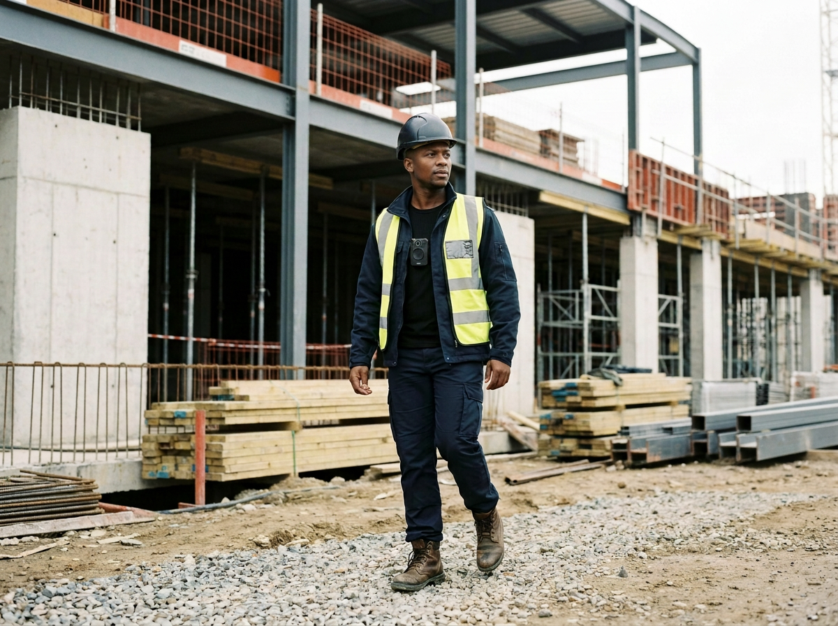 Construction worker wearing a black helmet and high-visibility vest walking at a construction site with steel structures and building materials.