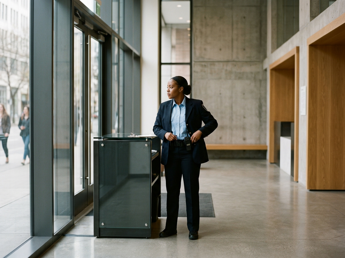A security guard wearing a dark uniform and a walkie talkie stands inside a modern building, looking out through large glass doors.