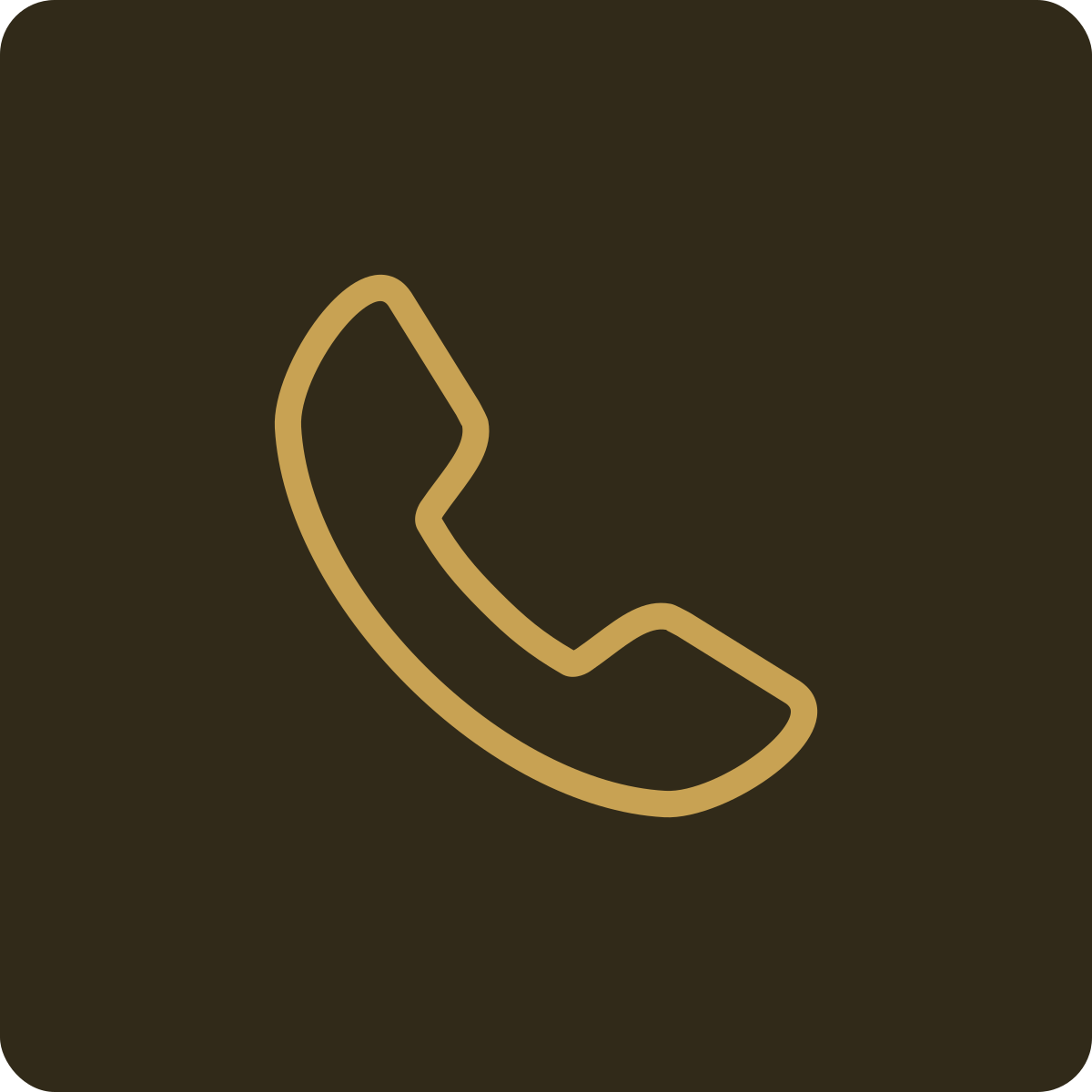 Icon of a telephone receiver with a gold outline on a dark background.