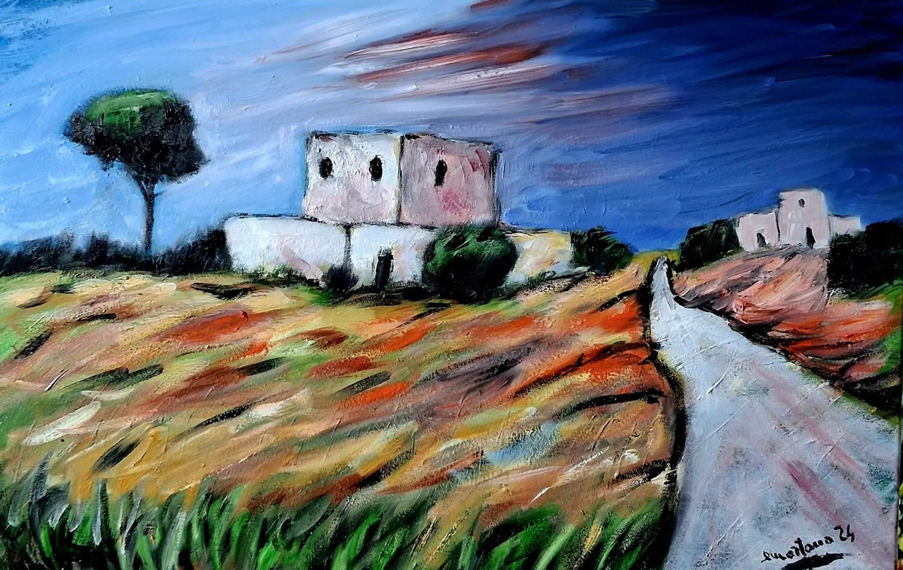 L'architettura di una classica masseria rurale dialoga con la forza della natura incontaminata, protetta sotto un cielo denso e in continuo movimento. Attraverso una pittura ad olio dalle pennellate decise e dai colori audaci, l'opera supera il sempl