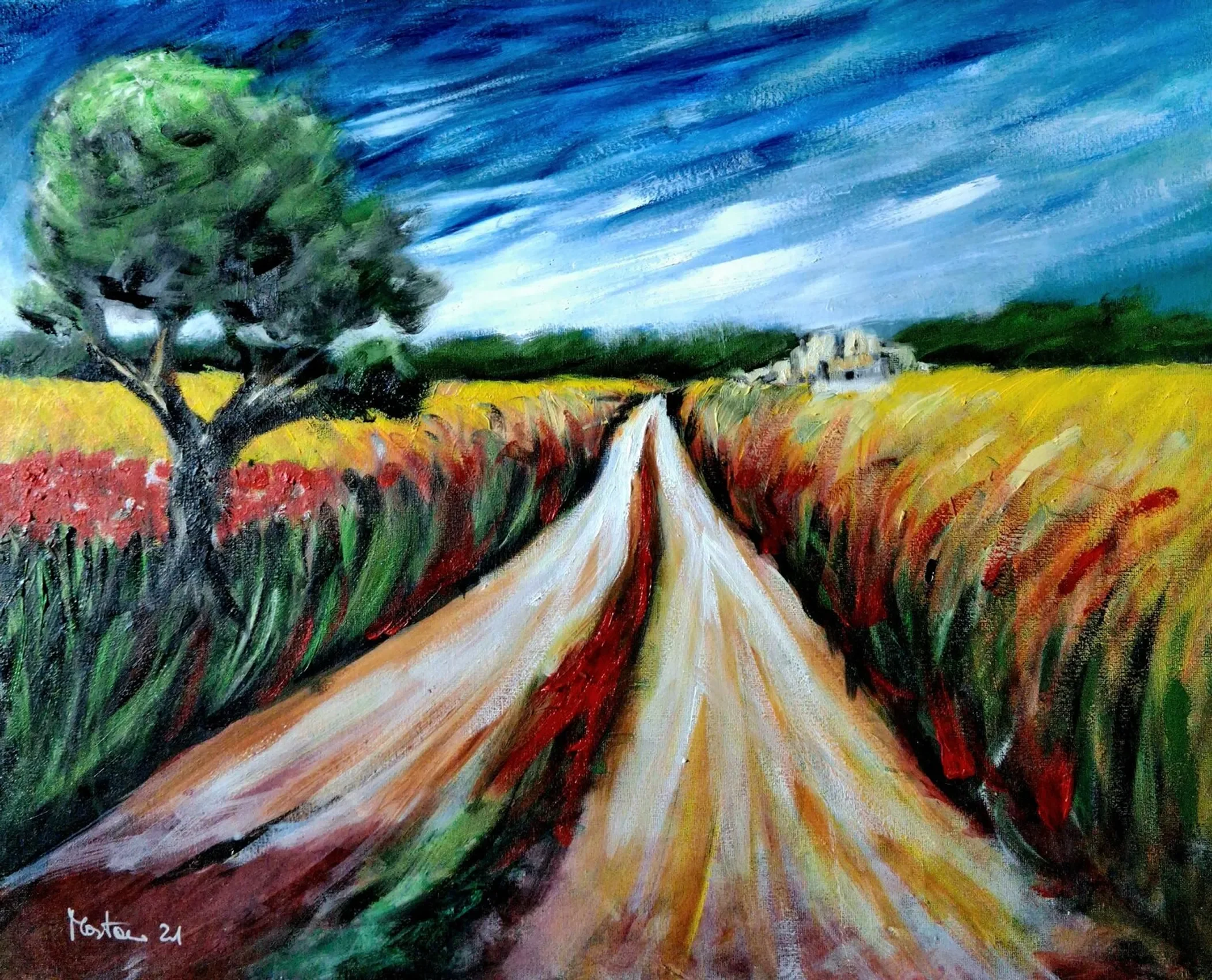 Nel dipingere quest'opera di formato verticale, l'artista cattura l'anima vibrante e genuina della propria terra. La materia ad olio si fa viva attraverso pennellate corpose e dinamiche che tracciano un sentiero immerso in campi dai toni dorati, guid