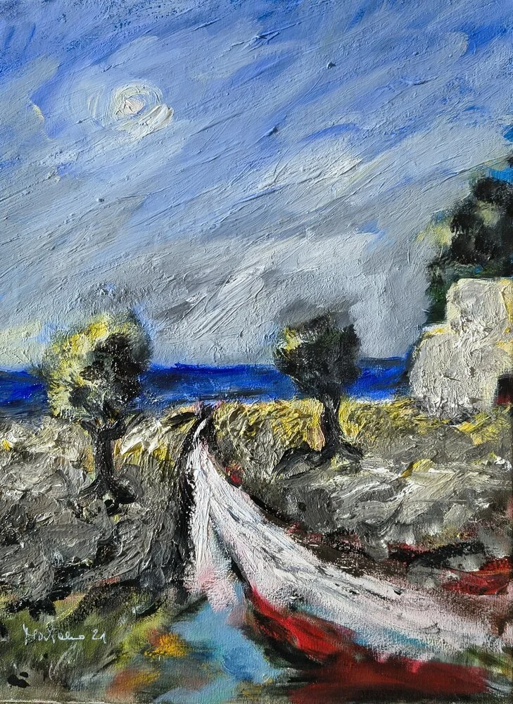 Una piccola strada attraversa con dolcezza il paesaggio tra gli ulivi, sfiora la presenza discreta e familiare di una masseria e si perde all'orizzonte nel blu profondo del mare. Questo dipinto nasce dal desiderio di raccontare quei luoghi autentici 