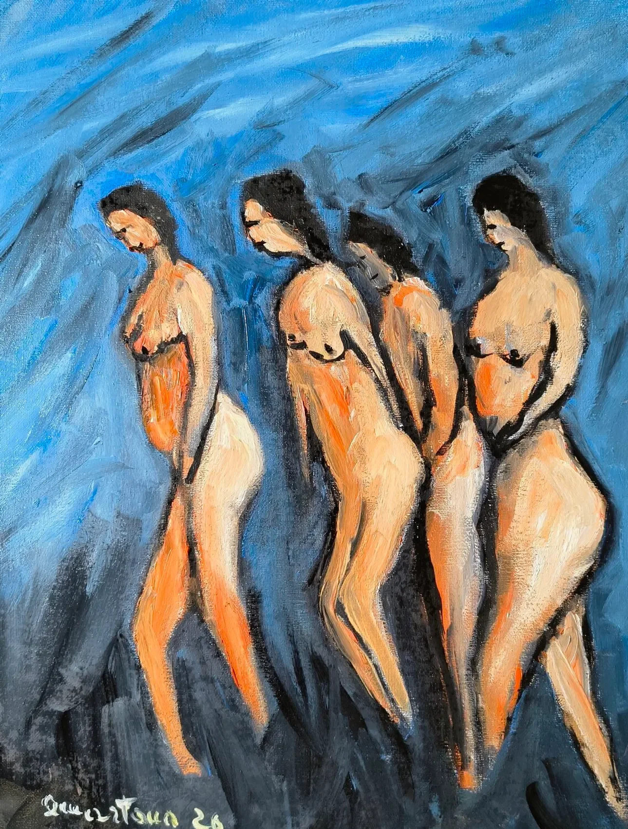 In questa tela di 50x40 cm, la ricerca artistica si spinge alle radici dell'espressionismo più autentico. Quattro figure femminili nude sono colte in una progressione ritmica e solenne, evocative di una processione ancestrale. Essenzializzati e spogl