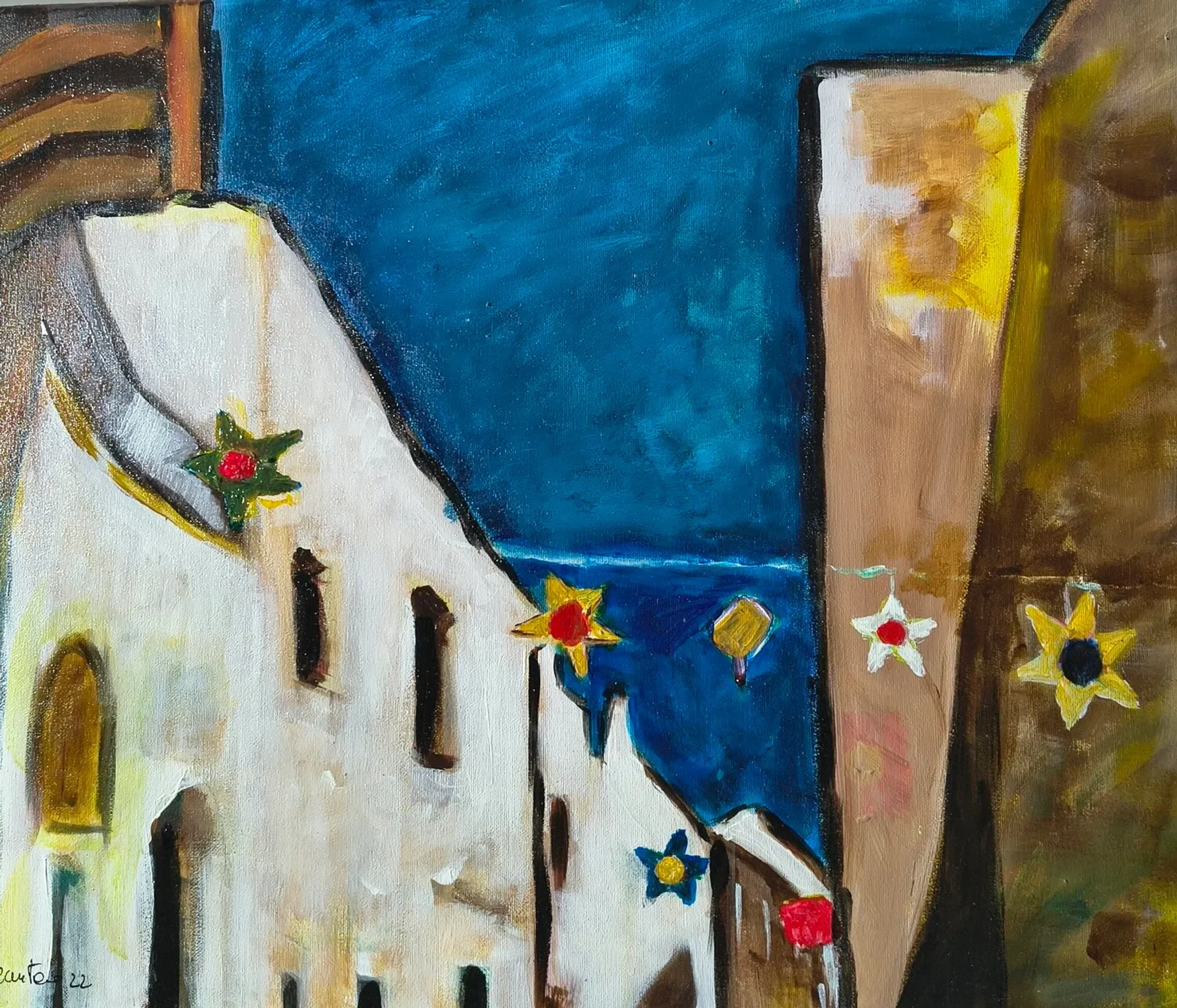 I colori audaci e le pennellate decise dell'acrilico danno vita alla festa di un antico borgo, catturando lo spirito di comunità, la musica e le risate che ne animano le strade. Tra energia espressionista e calore umano, il dipinto si trasforma in un