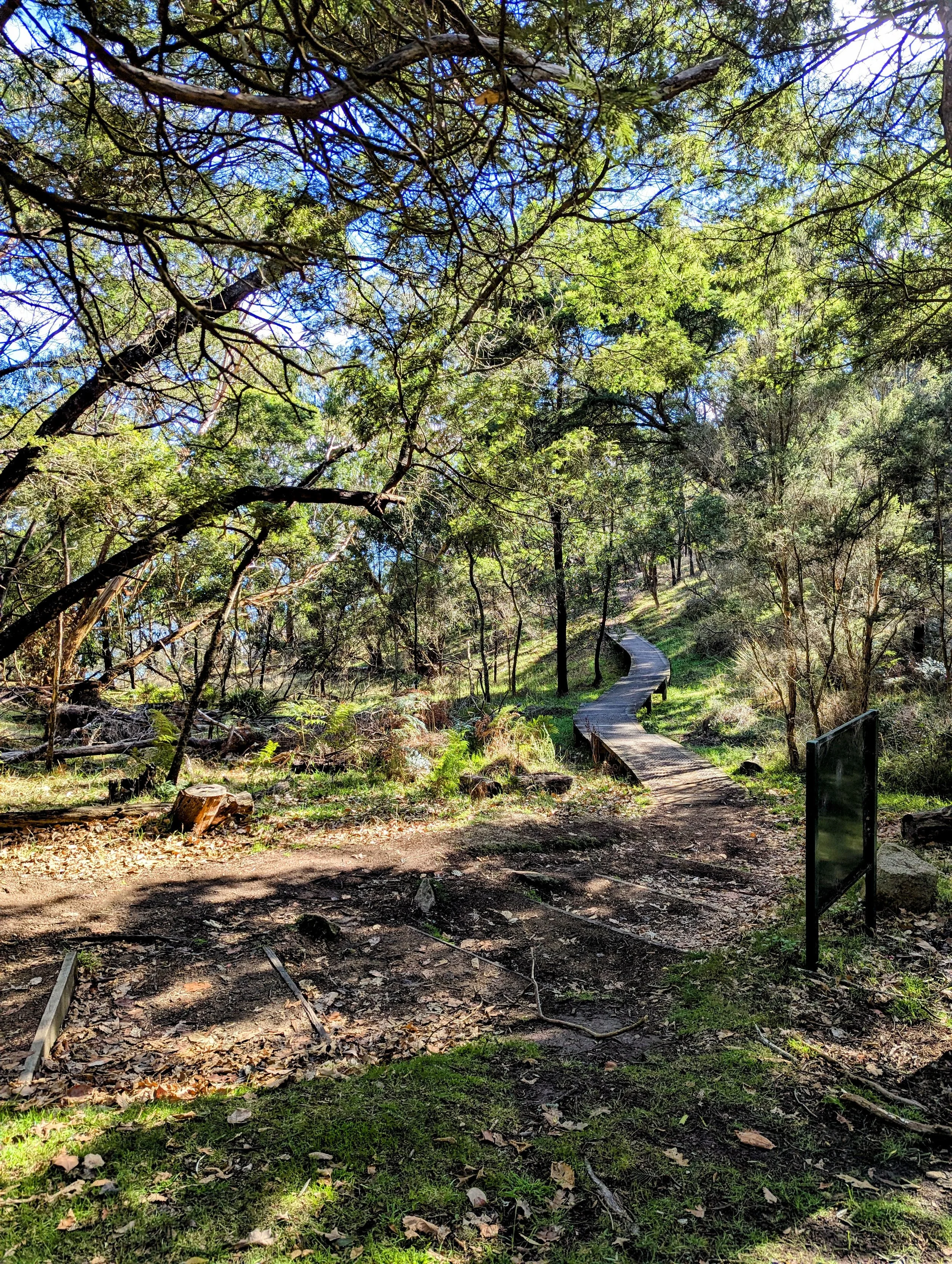 A scenic outdoor trail surrounded by trees and green vegetation, with a winding wooden path extending into the distance and a small informational sign on the right side.