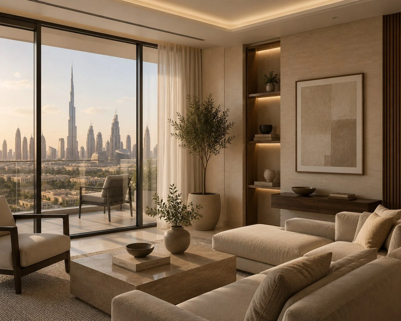Luxury living room with floor-to-ceiling windows overlooking the Dubai skyline at sunset.
