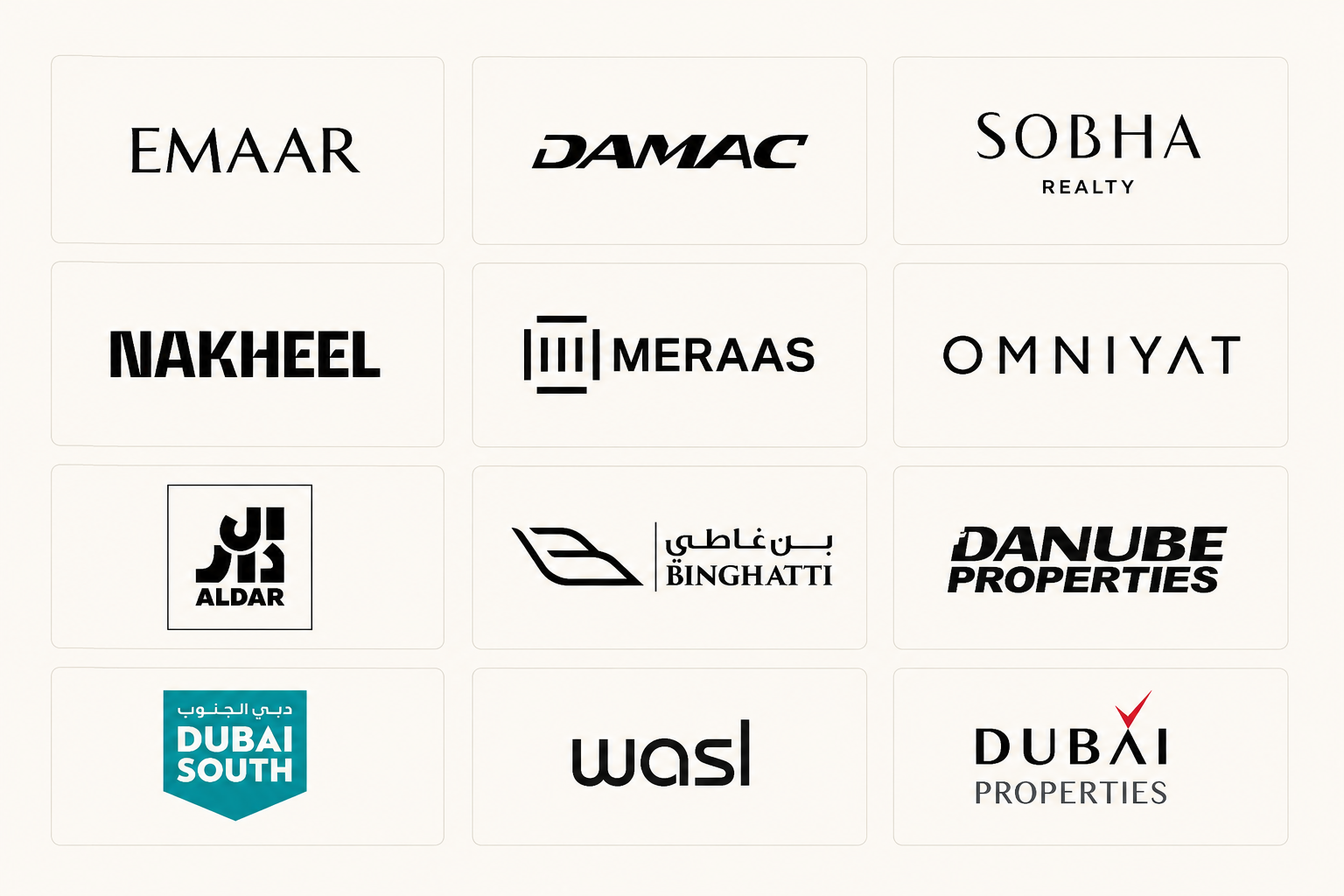 Dubai property developer logos including Emaar, DAMAC, Sobha Realty, Nakheel, Meraas, Omniyat, Aldar, Binghatti, Danube Properties, Dubai South, Wasl and Dubai Properties.