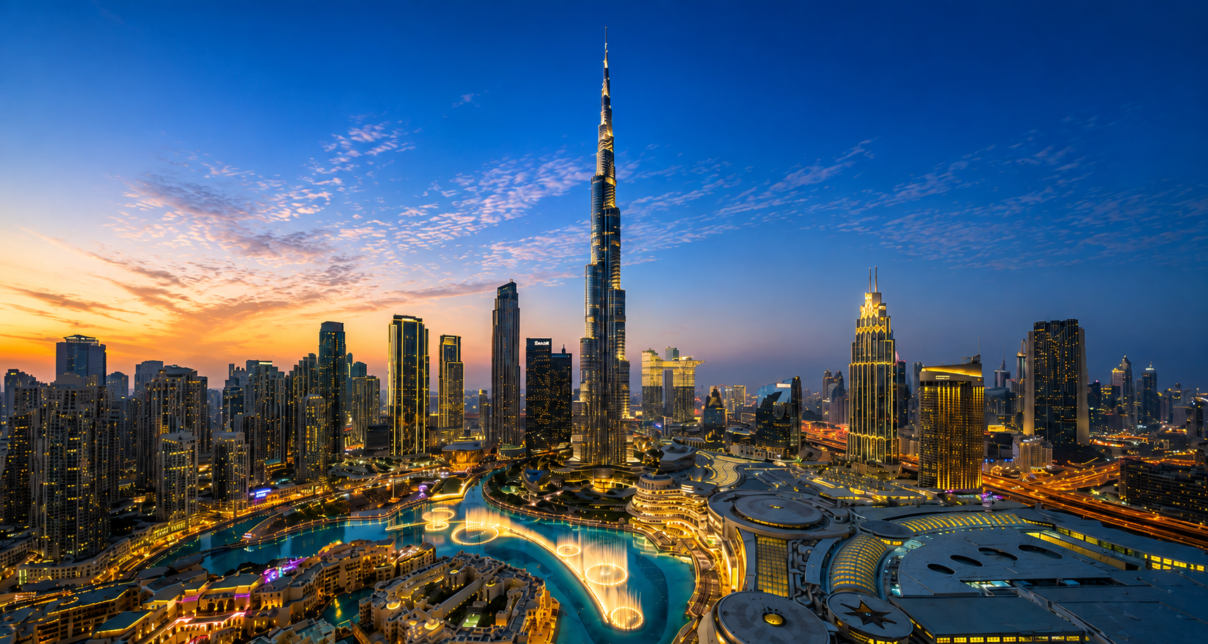 Dubai skyline at dusk with Burj Khalifa and Downtown Dubai