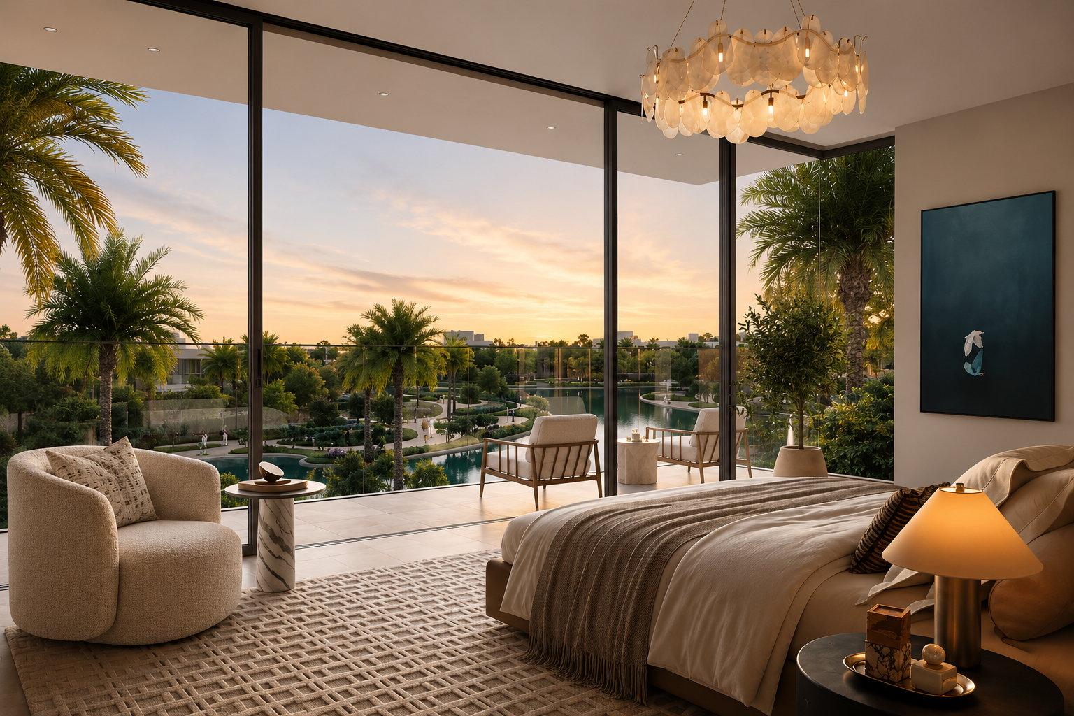 Luxury bedroom with floor-to-ceiling windows overlooking a landscaped waterfront at sunset
