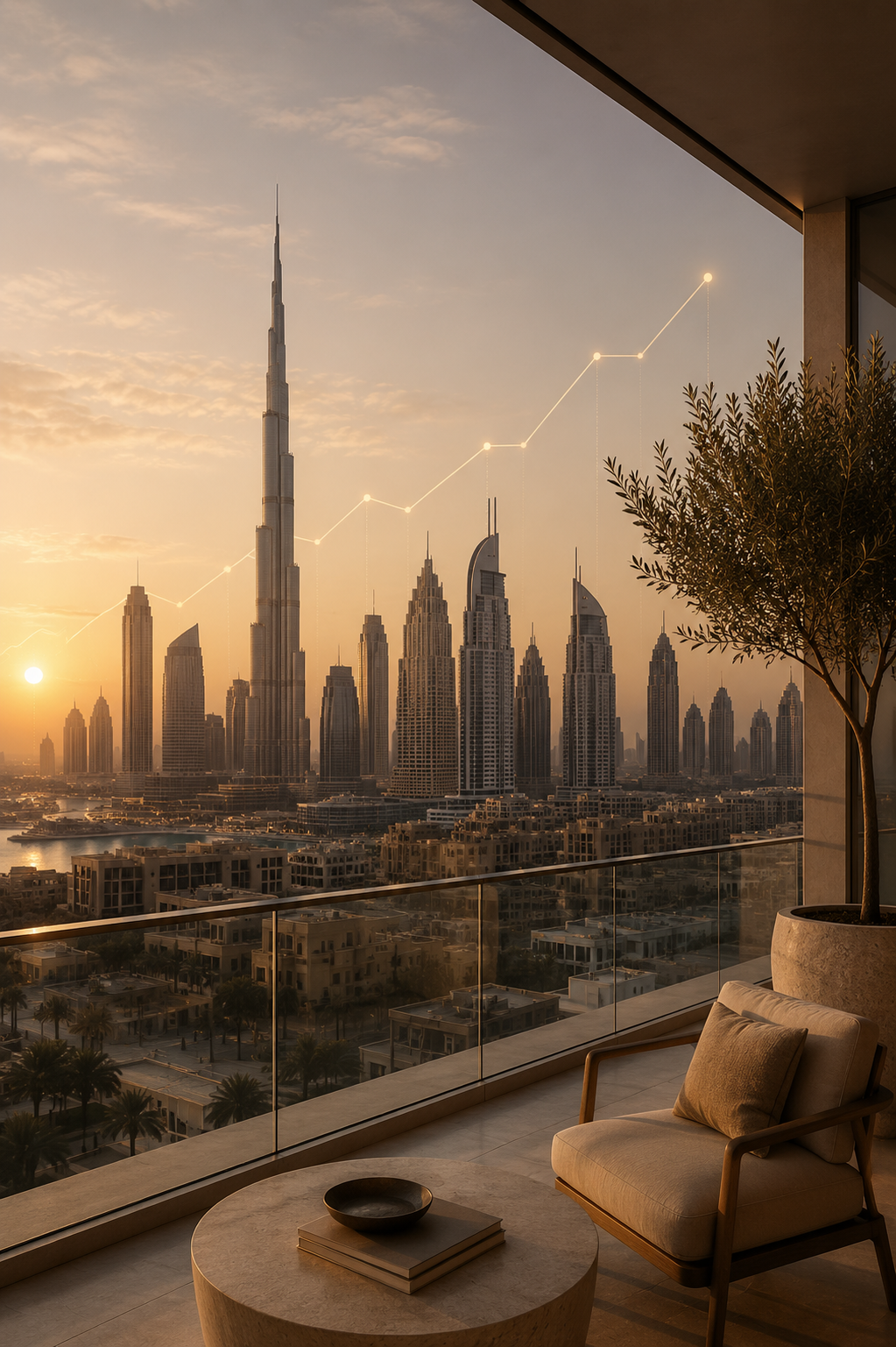 Dubai skyline and Burj Khalifa viewed from a luxury apartment balcony at sunset.
