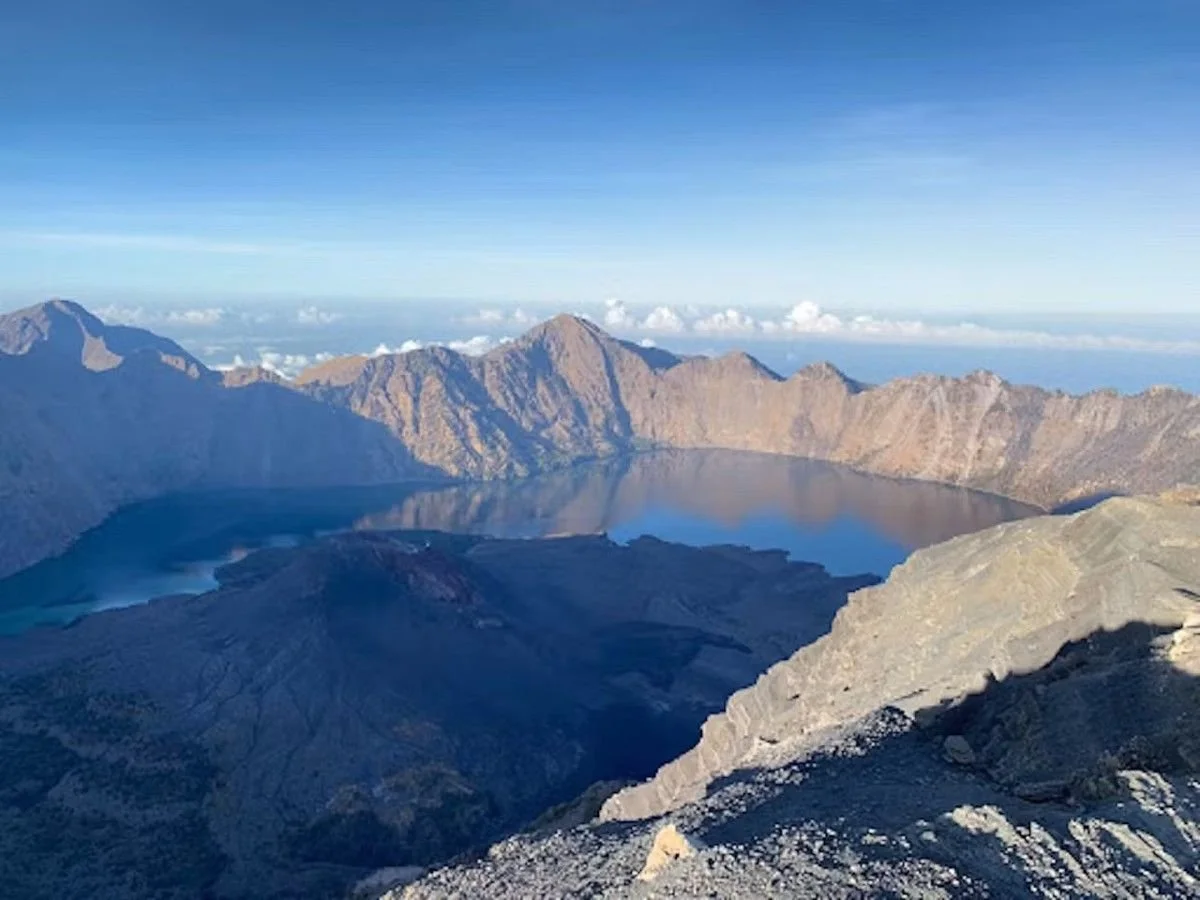 Volcanic crater lake and mountain landscape on Lombok, a popular day trip from Gili Trawangan