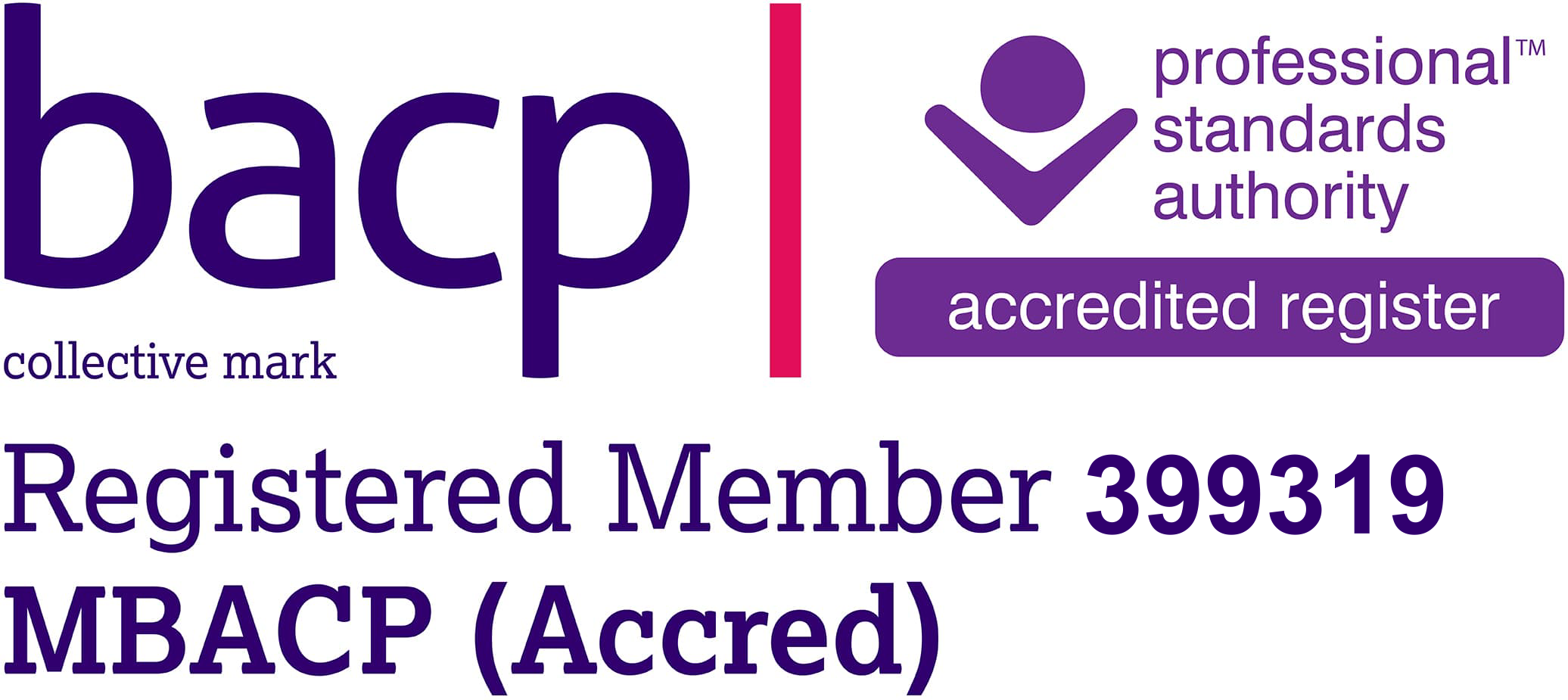 A logo with the text 'bacp' in large purple letters, and a purple checkmark symbol with the words 'professional standards authority' and 'accredited register' inside a purple rectangle. Below, there is additional text indicating a registered member number and accreditation details.