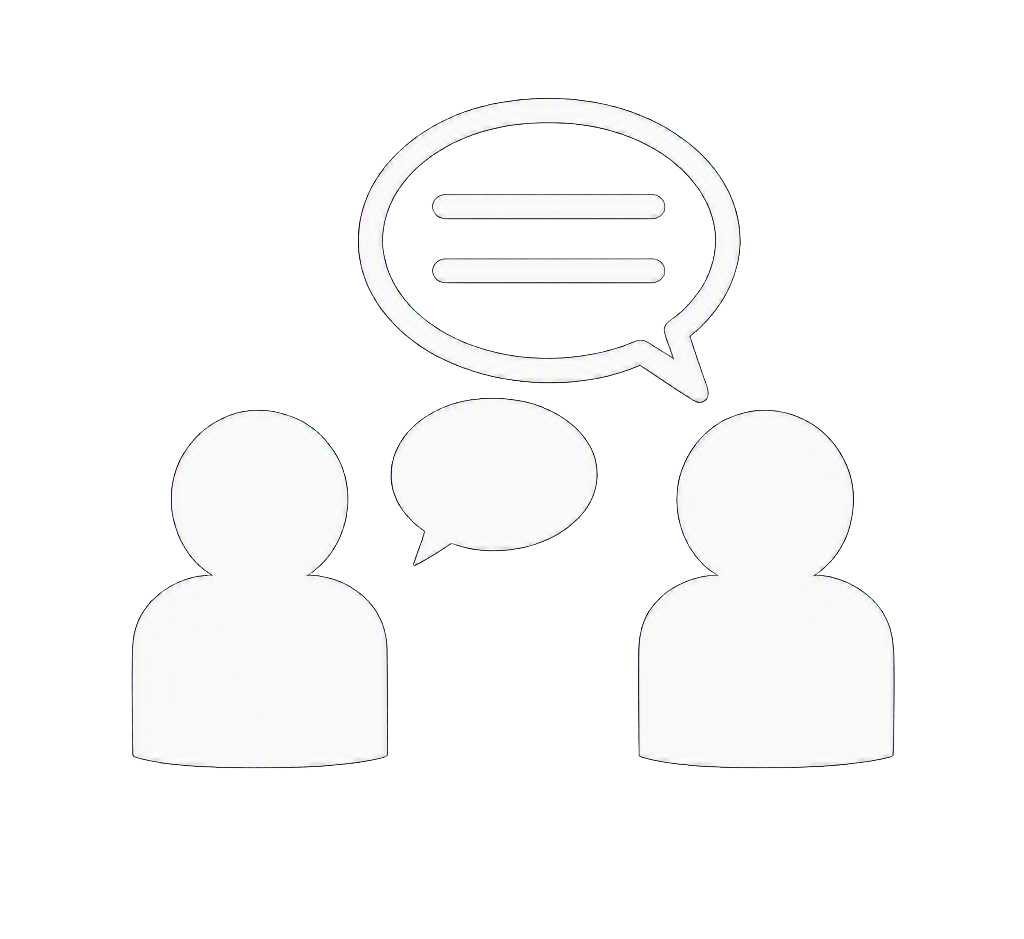 Two stylized human figures engaged in a conversation with speech bubbles indicating dialogue.