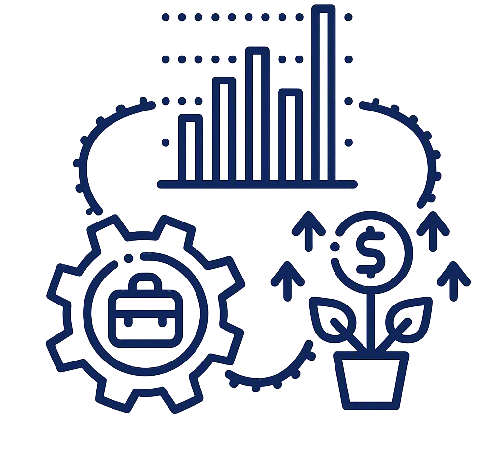 Illustration of business growth and sustainability, featuring a bar chart, gear with briefcase icon, dollar sign with leaves, and upward arrows.