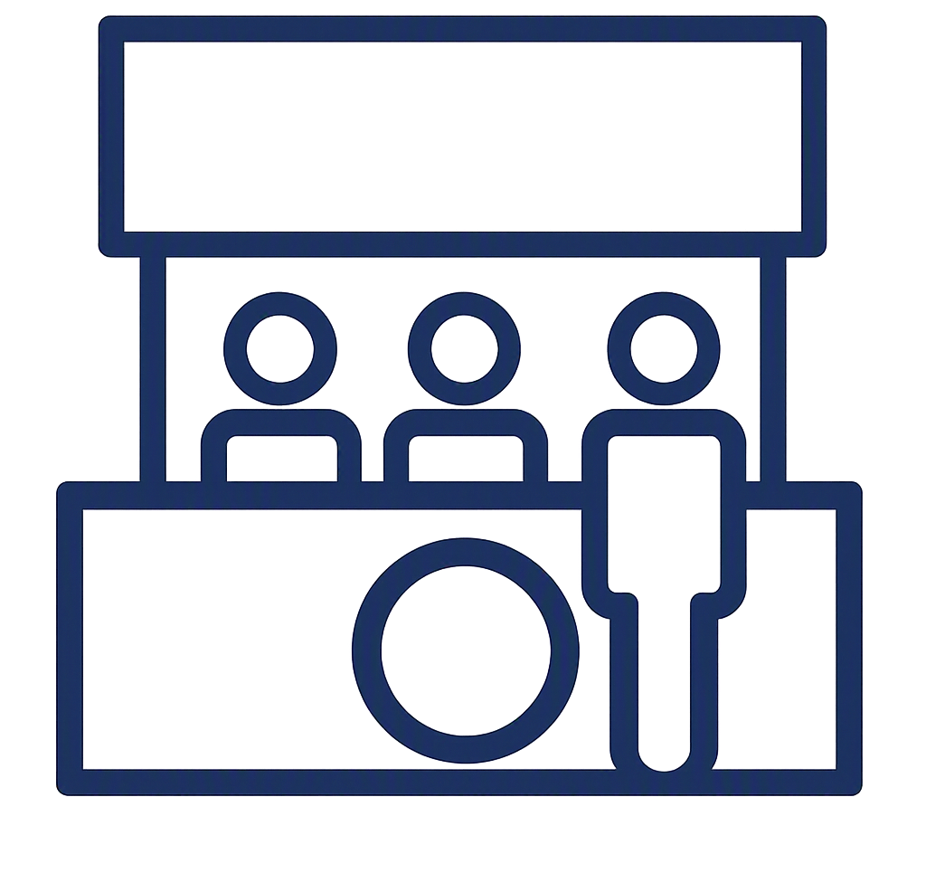 A stylized graphic of a conference call setup with three people icons on a screen, a microphone, and a large empty space that could be a presentation area.