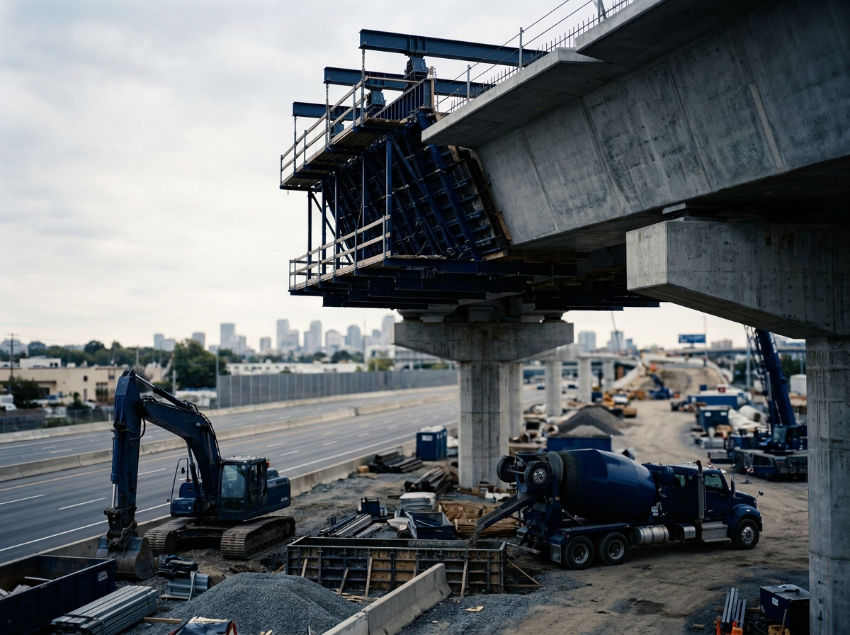 Construction site of a bridge over a highway with construction machinery, including an excavator and a cement mixer truck, and workers in the background.