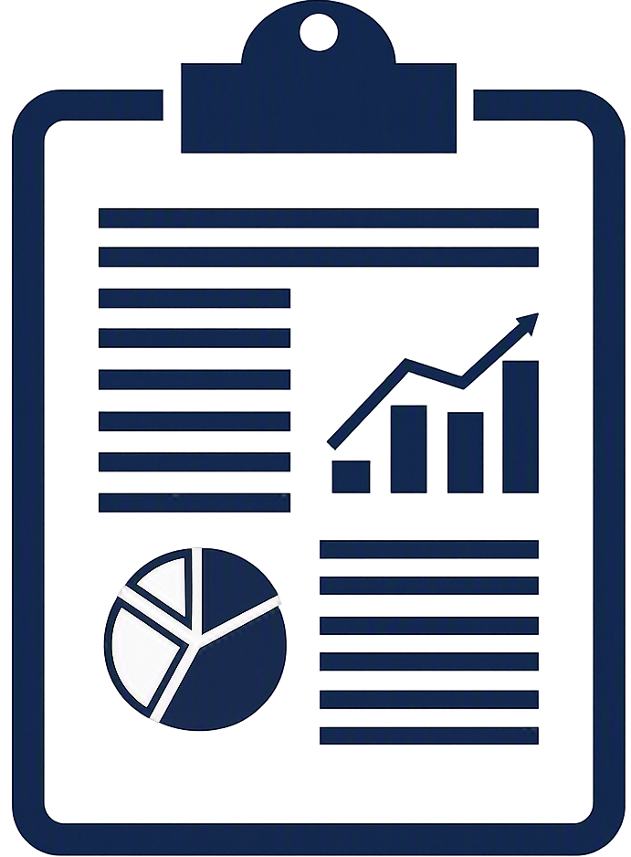 A clipboard holding a sheet of paper filled with various charts and graphs, including bar graphs, a pie chart, and a line graph.