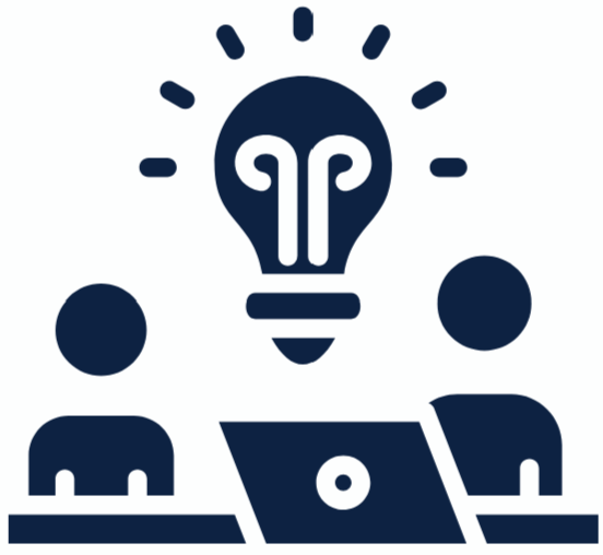 Icon of two people in front of a laptop with a lightbulb above, representing ideas and collaboration.