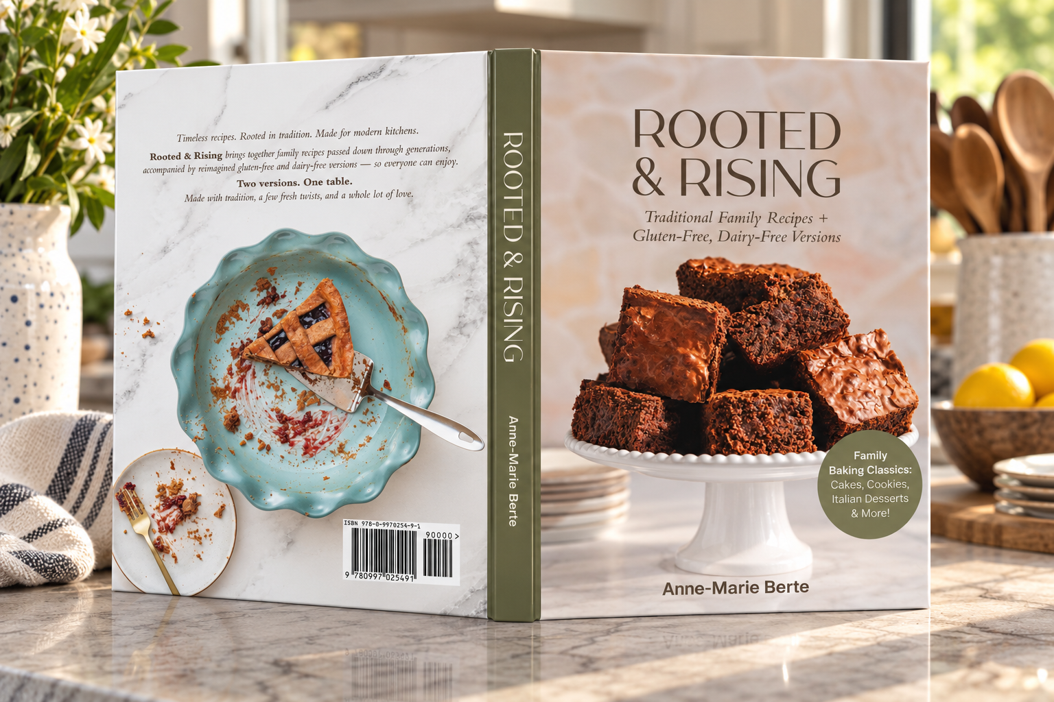 A cookbook titled 'Rooted & Rising' by Anne-Marie Berte, featuring traditional family recipes that are gluten-free and dairy-free. The front cover displays a stack of chocolate brownies on a white cake stand, with a green sticker highlighting family baking classics like cakes, cookies, and Italian desserts. The back cover shows a slice of pie on a turquoise plate with a knife and a small white plate with a fork and some crumbs in a bright kitchen setting with lemons and wooden utensils in the background.