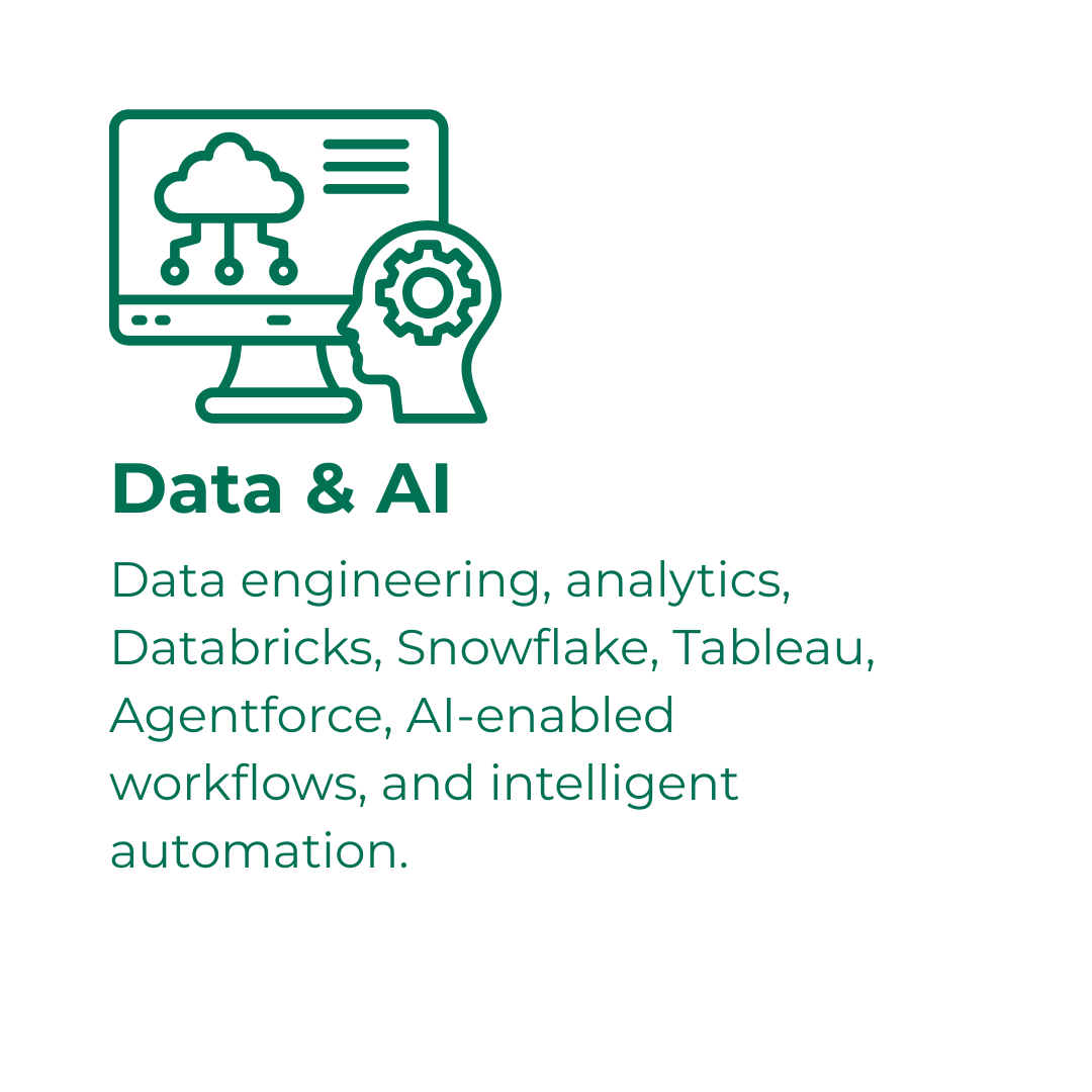 Data engineering, analytics, Databricks, Snowflake, Tableau, Agentforce, AI-enabled workflows, and intelligent automation.