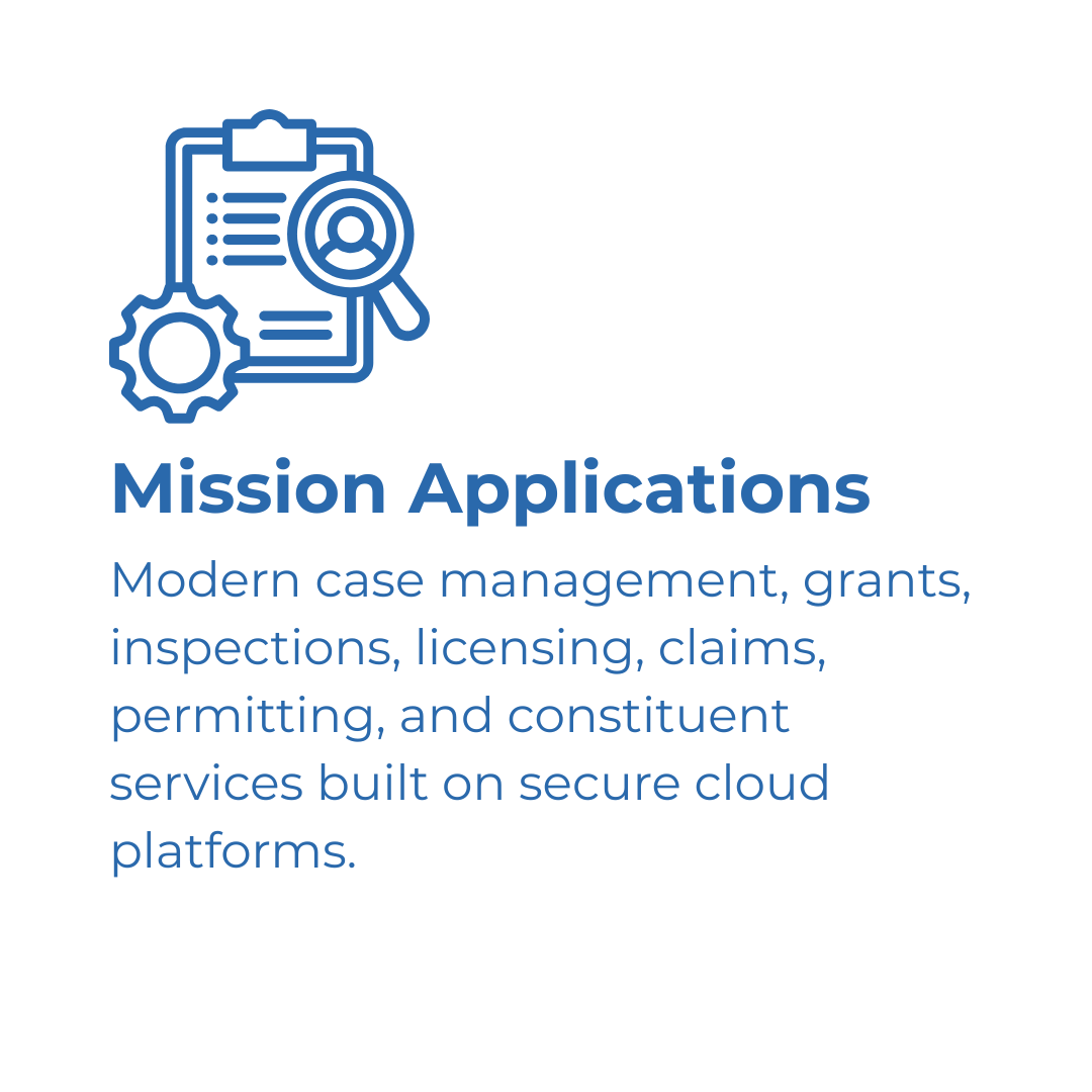 Modern case management, grants inspections, licensing, claims, permitting, and constituent services built on secure cloud platforms.