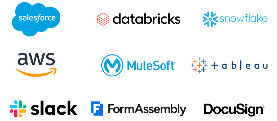 Salesforce, Databricks, Snowflake, AWS, MuleSoft, Tableau, Slack, FormAssembly, DocuSign