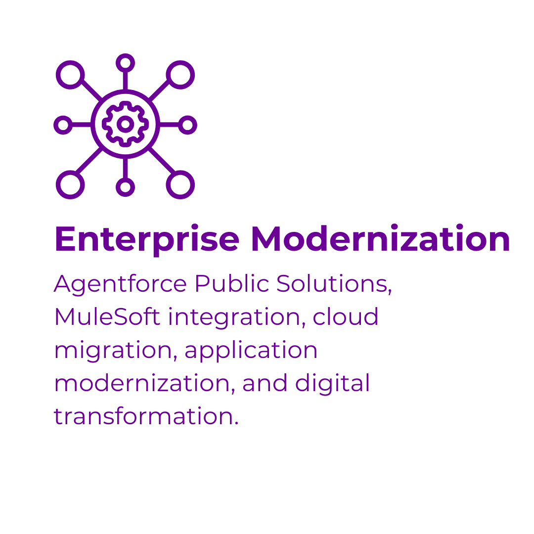 Agentforce Public Solutions, MuleSoft integration, cloud migration, application modernization, and digital transformation.