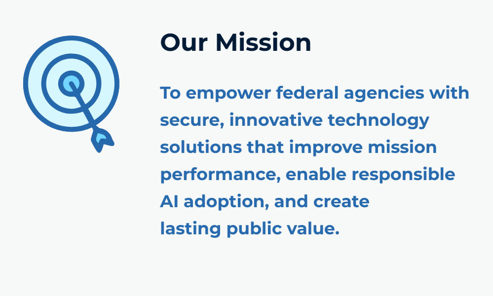 To empower federal agencies with secure, innovative technology solutions that improve mission performance, enable responsible AI adoption, and create lasting public value.