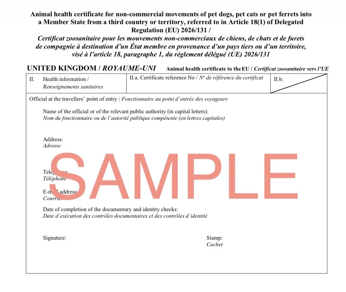 A sample page of an Animal Health Certificate showing Section 8 that needs to be endorsed by an official on entry to the EU using a Traveller's Point of Entry