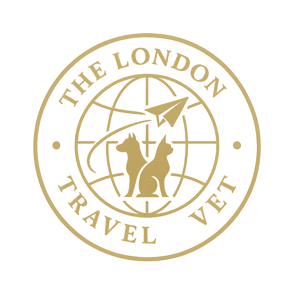 A circular logo with the words "The London Travel Vet" around the border, featuring a globe with a paper airplane flying around it, and two dogs sitting back to back in the center.