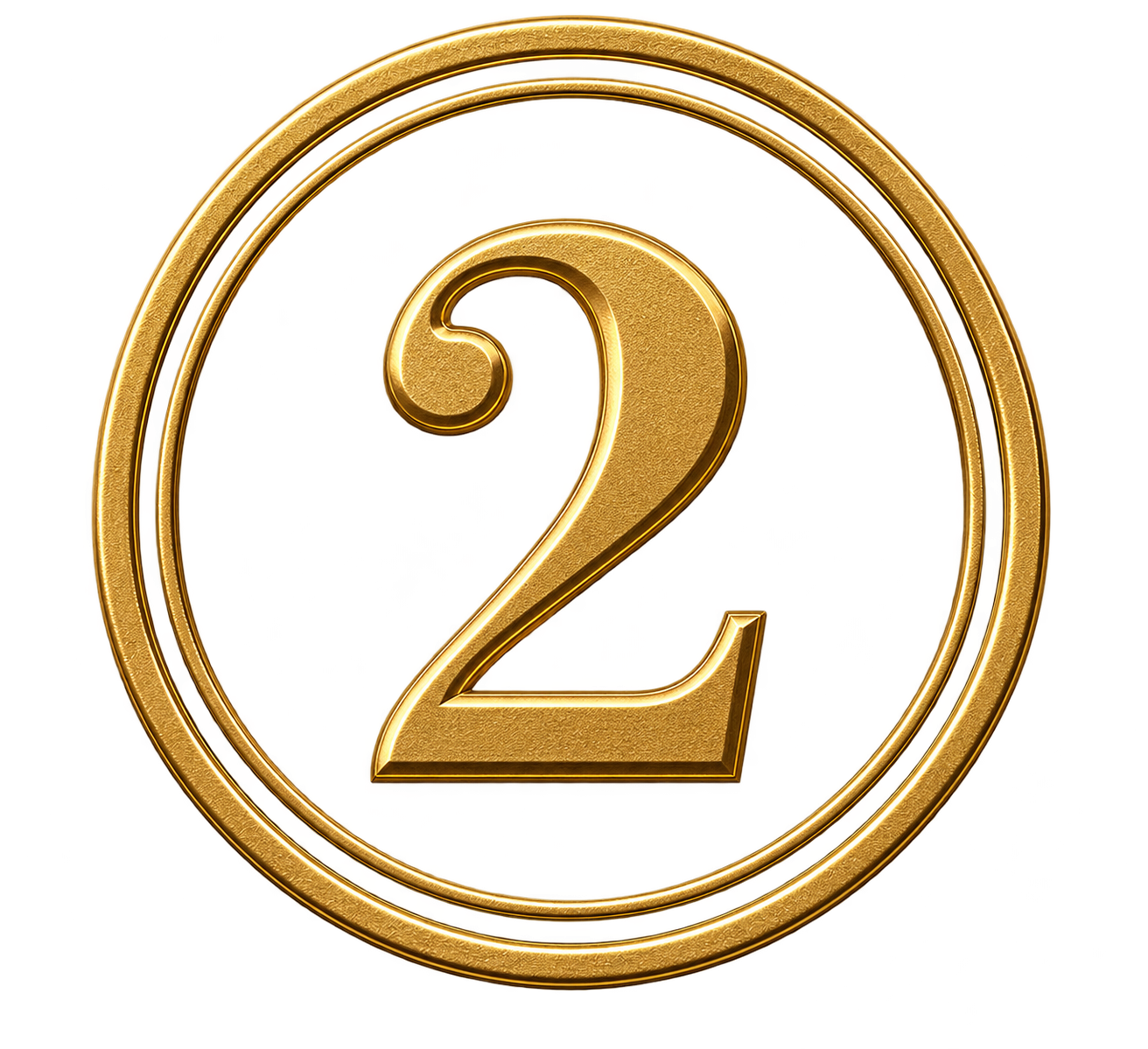 A gold, 3D number 2 inside a circular gold border.