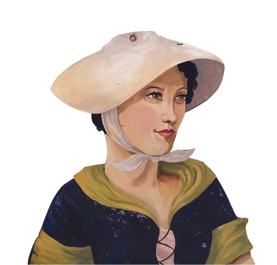 Illustration of a woman wearing a large, wide-brimmed hat with a chin strap, dressed in a vintage style with a dark top and yellow accents.