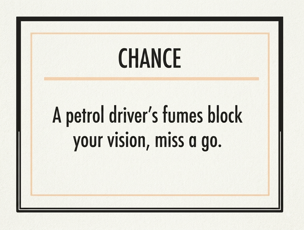 A quote card with the word 'CHANCE' at the top, and the message 'A petrol driver's fumes block your vision, miss a go.'