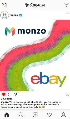 Instagram post by Monzo showing their logo and a colorful rainbow design with the logos of Monzo and eBay.