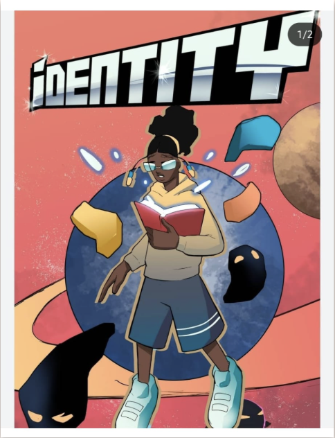 An illustration of a person with braids, sunglasses, and earbuds reading a book, standing in front of a globe, with a cosmic background, and the word 'IDENTITY' at the top.