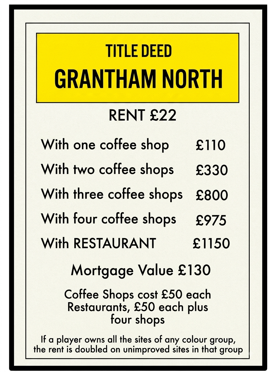 A property rental advertisement for Grantam North, listing various rent options and costs, including with coffee shops and restaurants, along with mortgage value and additional notes on costs.