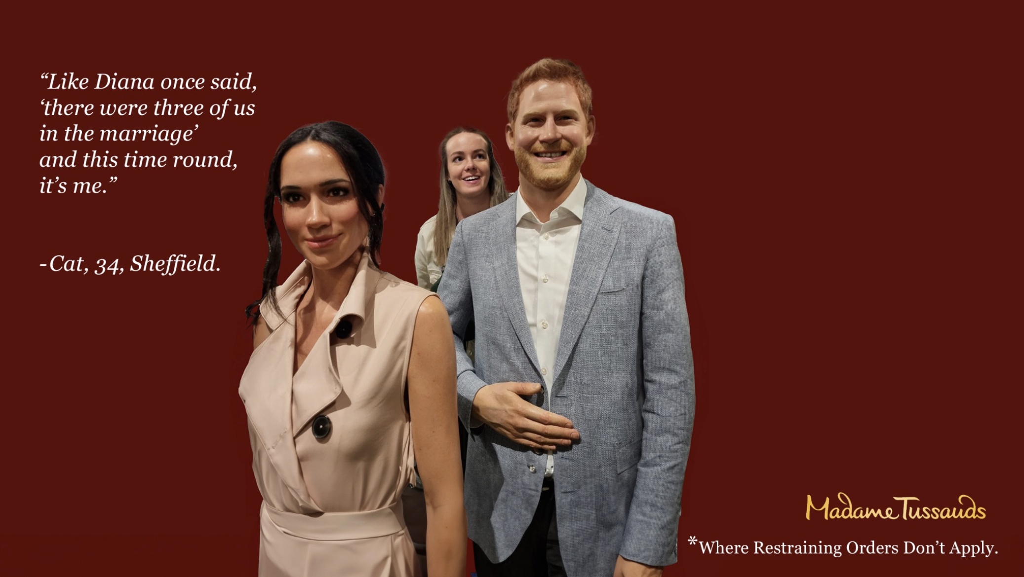 A promotional poster for Madame Tussauds featuring wax figures of a man and a woman smiling against a red background with white text and a quote about marriage.