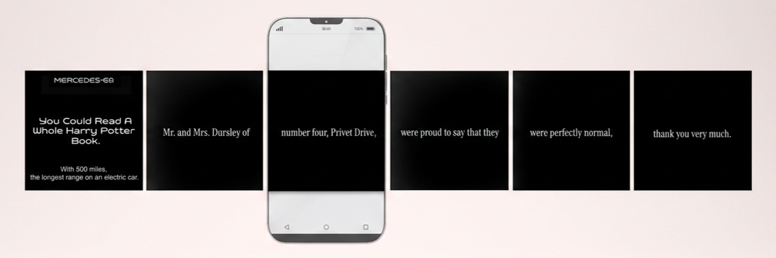 A smartphone is held in the center of the image, displaying black text on a white background. The surrounding background features black screens with white text, resembling a story or presentation slide, with partial text referencing Harry Potter and electric cars.
