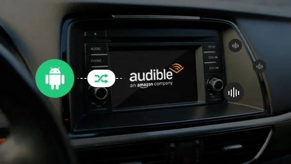 Car dashboard with a screen displaying Audible logo, surrounded by control buttons, and icons indicating compatibility with Android and voice command features.