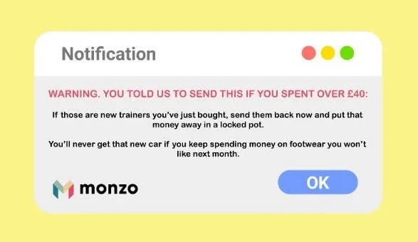 A notification window on a webpage with the title 'Notification' and a warning message about spending over £40, related to trainers and footwear. The message advises sending trainers back if recently bought and warns about money spent on footwear. The window has the Monzo bank logo on the bottom left and an OK button in blue on the bottom right.