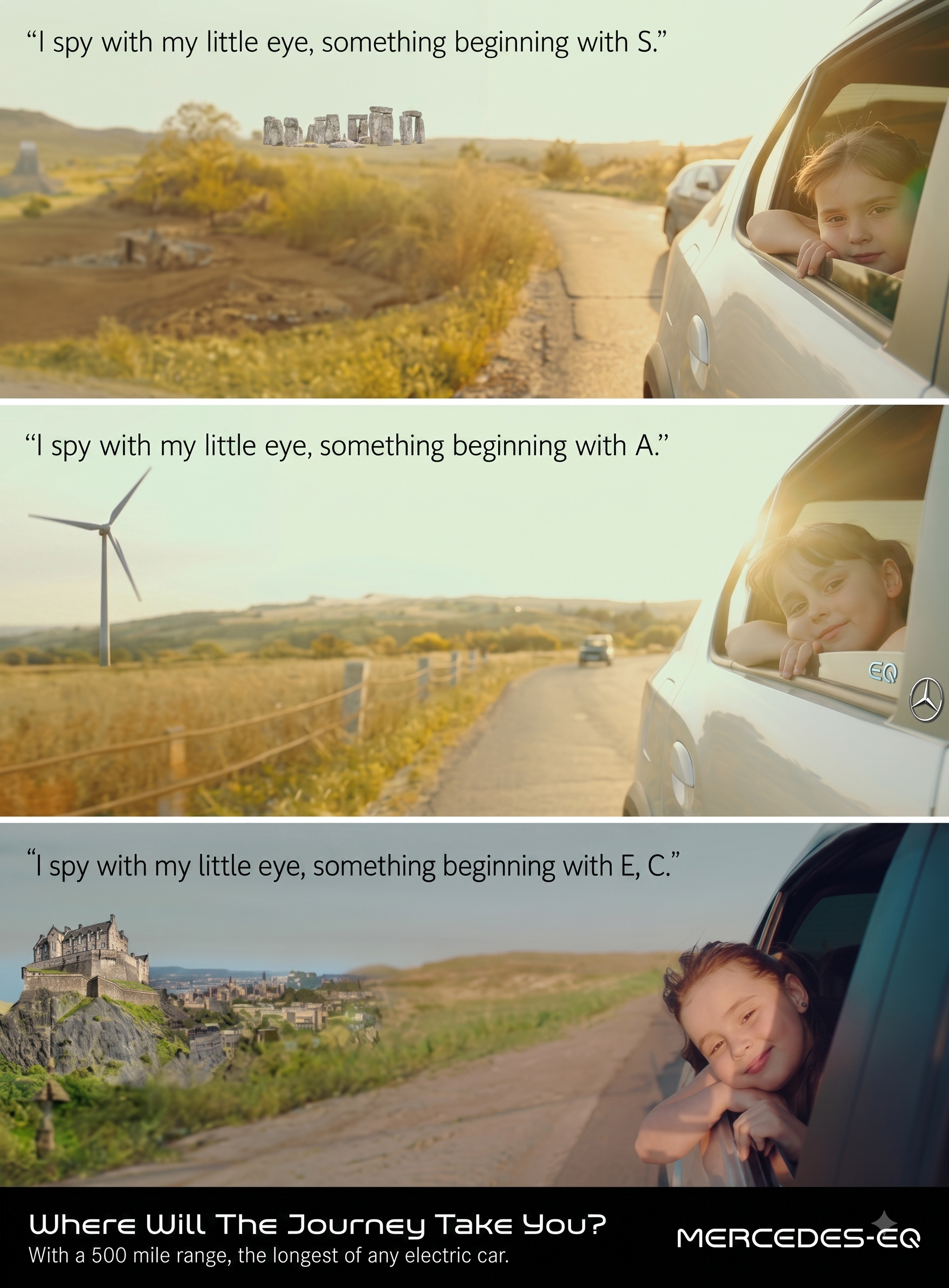A young girl looking out of a white Mercedes EQ electric car's window with a scenic landscape of hills, a wind turbine, a castle, and a city in the distance. Overlaid text compares different landscapes.