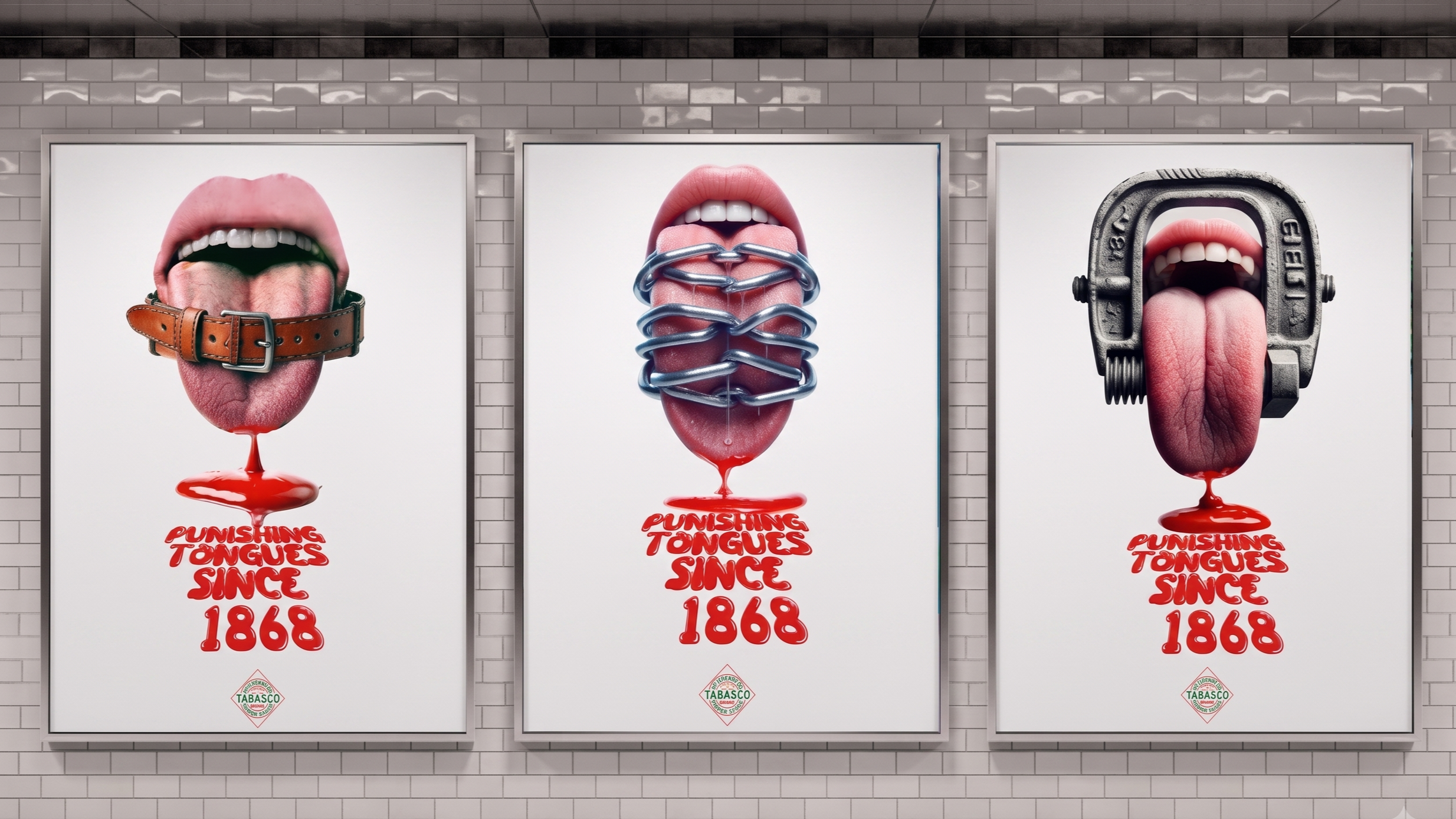 Three posters on a brick wall, each featuring a tongue with different forms of punishment: the first with a tongue in a leather collar bleeding at the tip, the second with a tongue wrapped in metal chains, and the third with a tongue held in a metal device, all with blood droplets and the caption "Punishing Tongues Since 1868".