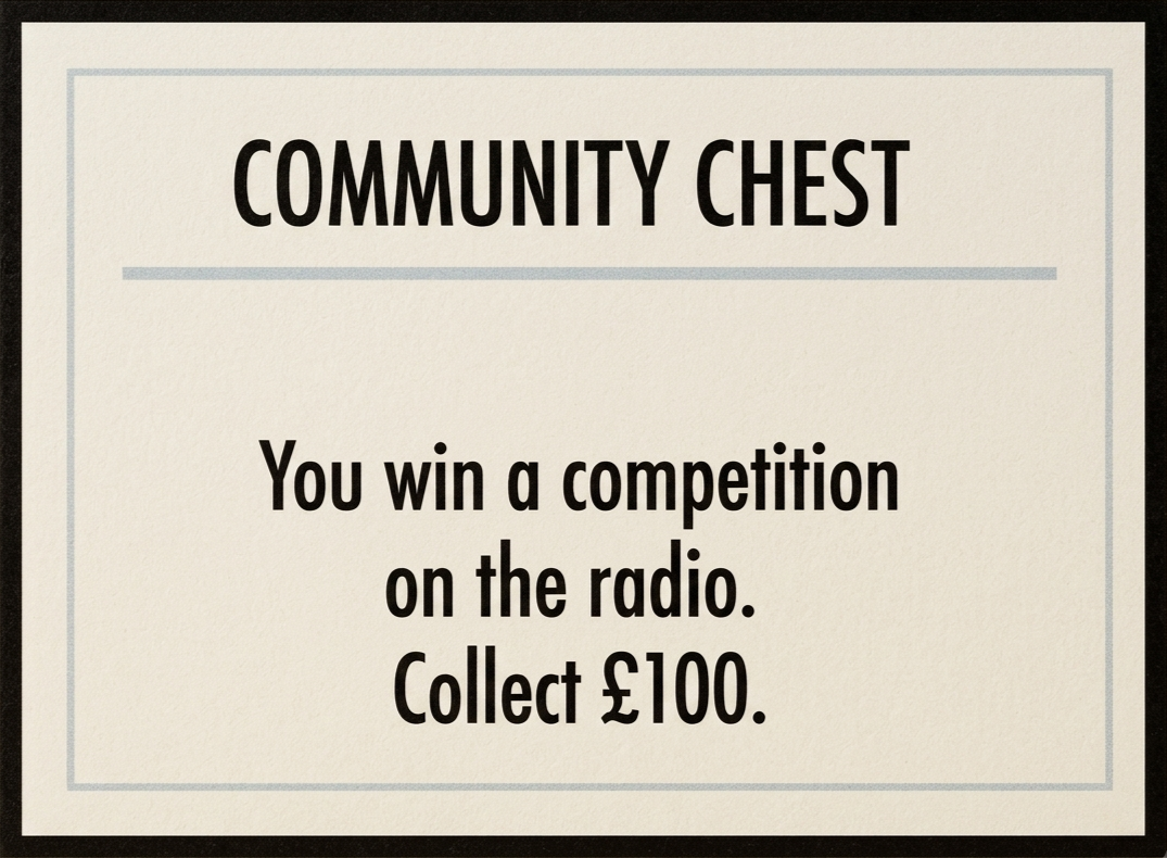 A sign titled 'Community Chest' indicating a game move: 'You win a competition on the radio. Collect £100.'