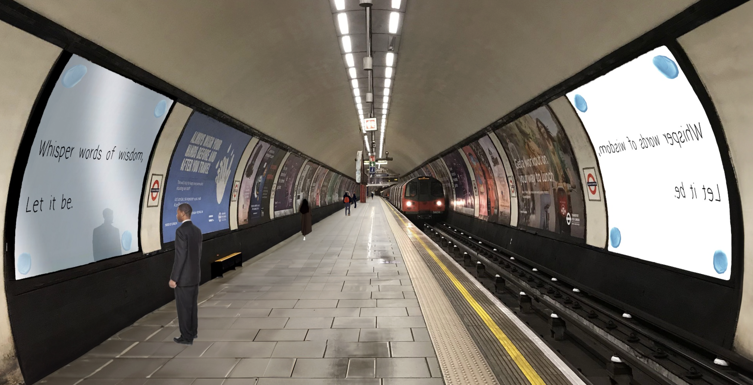 An underground subway station with a red train on the tracks, a few passengers waiting, and advertisements on the curved walls.