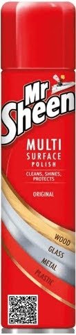 Red can of Mr. Sheen Multi Surface Polish with a white and yellow label, mentioning that it cleans, shines, and protects wood, glass, metal, and plastic surfaces.