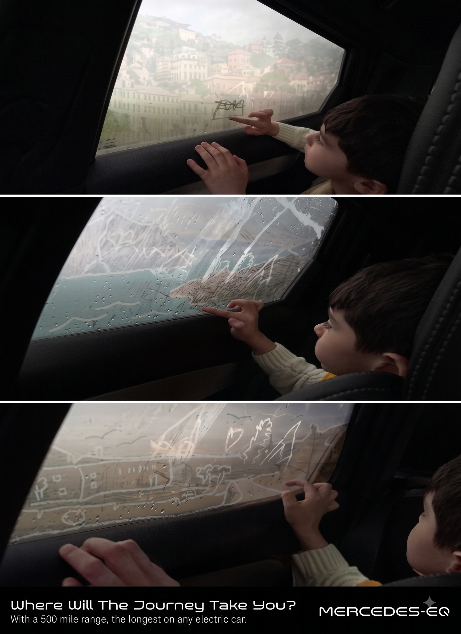 A young boy with dark hair wearing a cream-colored sweater pointing at a foggy window with streaks of water, with a view of a hillside town in the background. The image is related to a Mercedes EQ advertisement discussing electric car range.