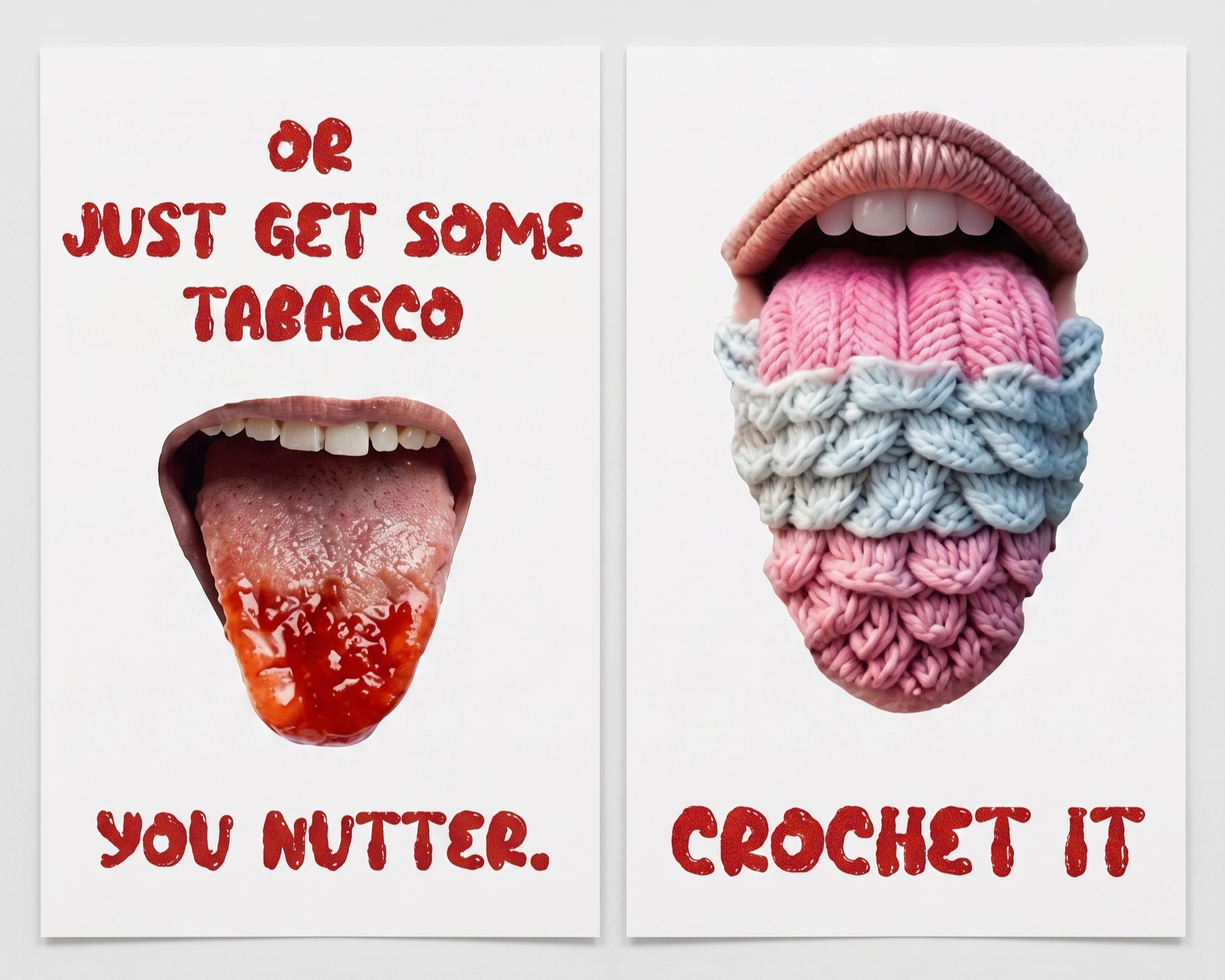 A split image with two photos and text. The left side shows a mouth with a tongue sticking out, and red sauce on the tongue. The text says, "OR JUST GET SOME TABASCO YOU NUTTER." The right side shows a mouth with a tongue covered in pink, blue, and white yarn, resembling a knitted ice cream cone, with white teeth visible and a wide open mouth. The text says, "OR CROCHET IT."