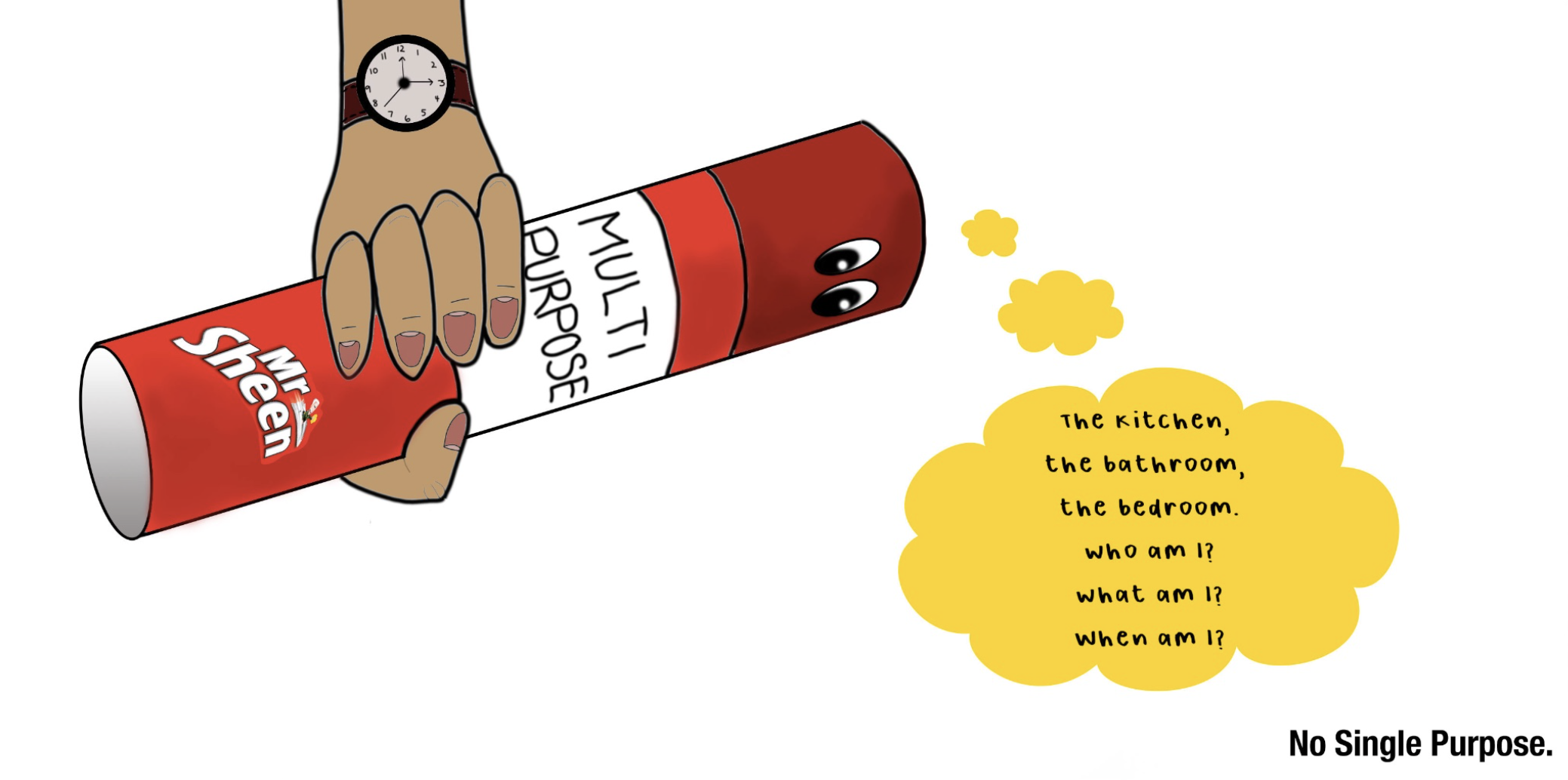 An animated depiction of a can labeled 'MUL ti OUSE' with eyes and hands, being held by a hand wearing a wristwatch. Yellow bubbles contain riddles: 'The kitchen, the bathroom, the bedroom. Who am I? What am I? When am I?'.