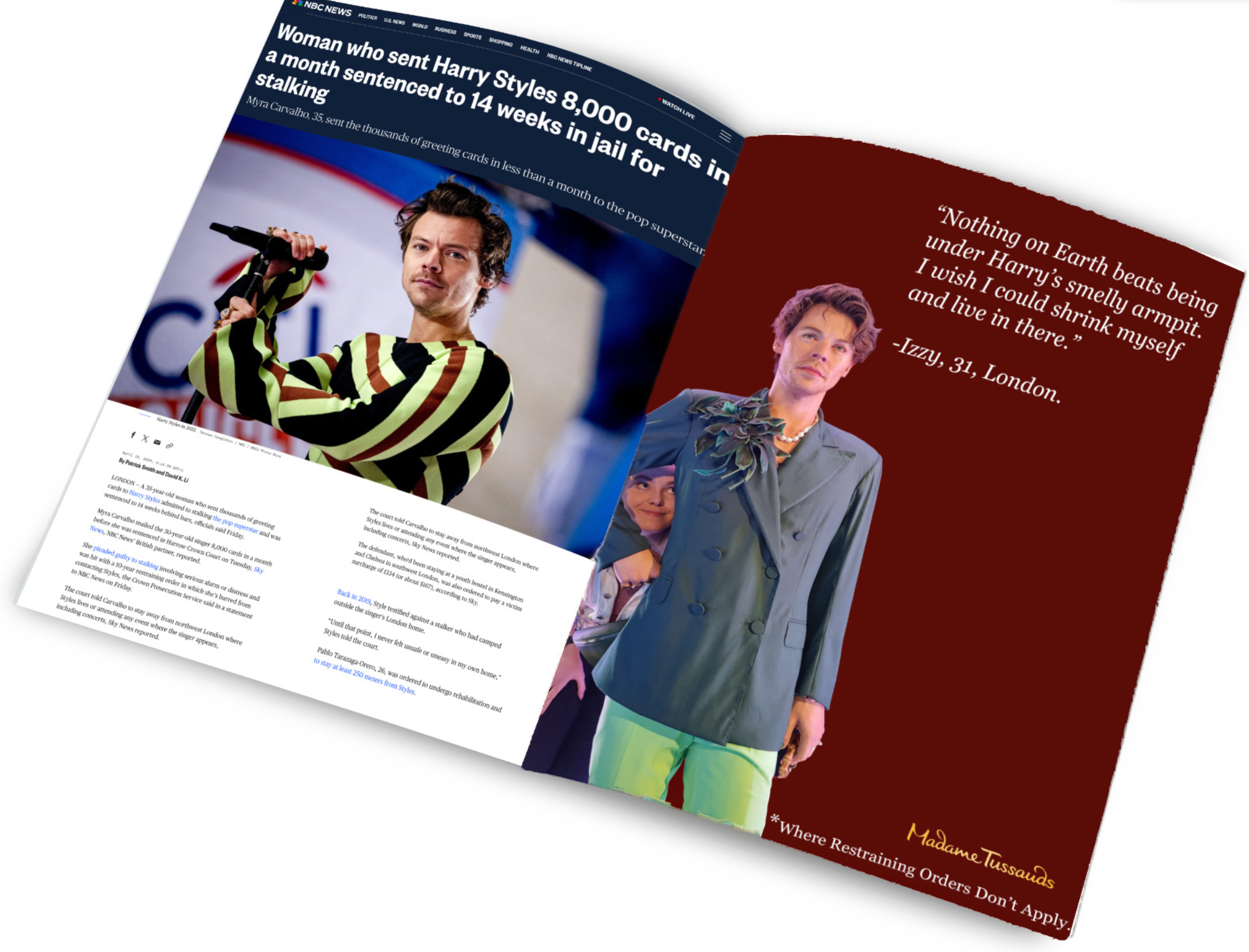 A newspaper or news website screenshot with an article about Harry Styles holding a microphone and wearing a striped shirt, and a quote from Izzy, 31, London, about Harry Styles. The text on the webpage is partially visible.